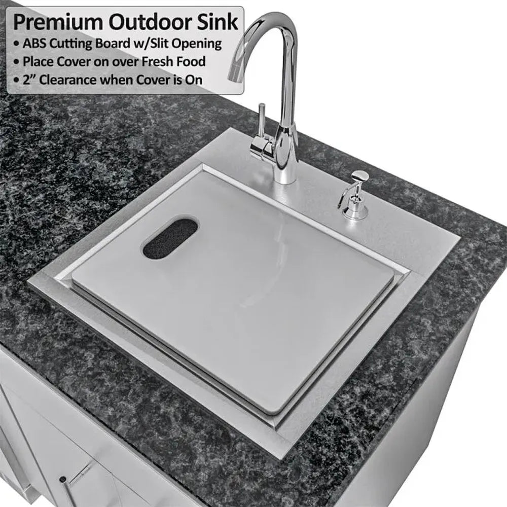 Sunstone SCPFRENCHQUARTER13.7 French Quarter Island premium sink with ABS cutting board cover installed over sink for prep space.