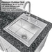 Sunstone SCPFRENCHQUARTER13.7 French Quarter Island premium stainless sink basin close-up with sink grid and drain under high-arc faucet.