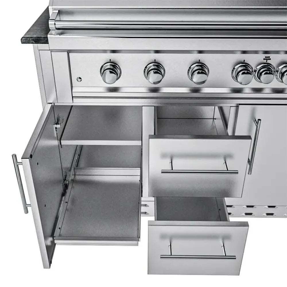 Sunstone SCPFRENCHQUARTER13.7 French Quarter Island grill cabinet storage with open access door and dual stainless drawers under built-in grill.