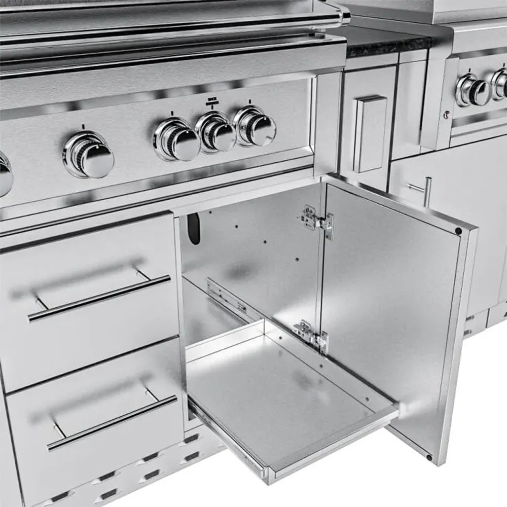 Sunstone SCPFRENCHQUARTER13.7 French Quarter Island built-in grill base cabinet with open door and slide-out stainless tray for outdoor kitchen storage.