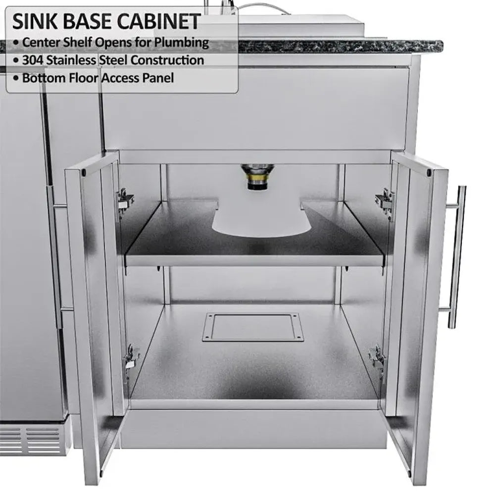 Sunstone SCPFRENCHQUARTER13.7 French Quarter Island sink base cabinet interior with plumbing-access shelf and bottom access panel in 304 stainless steel.