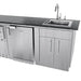 Sunstone SCPFRENCHQUARTER13.7 French Quarter Island close-up of sink base and under-counter refrigerator with black granite countertop and faucet.