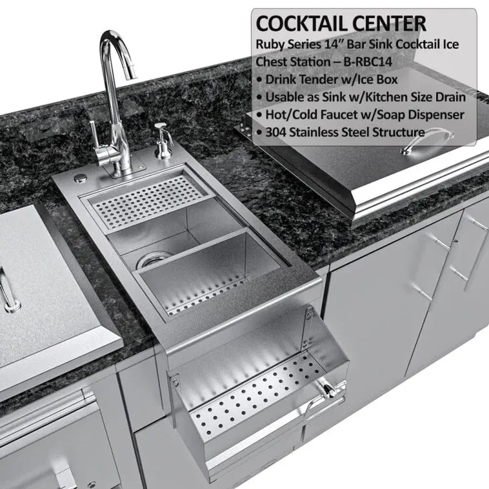 Sunstone SCPGALLEY10.8 Galley cocktail center with bar sink and integrated ice box/drink prep bin under granite countertop.