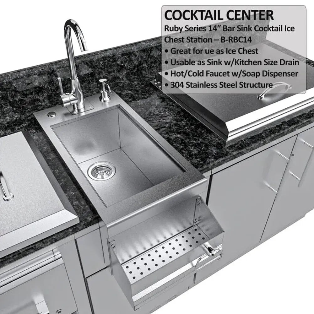 Sunstone SCPGALLEY10.8 Galley cocktail center close-up with 14" bar sink, faucet, and pull-out drink tray in black granite countertop.