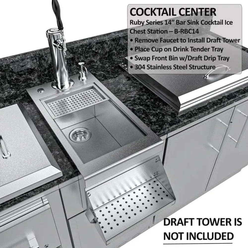Sunstone SCPGALLEY10.8 Galley cocktail center with 14" bar sink and draft-tower-ready setup (draft tower not included) on granite counter.