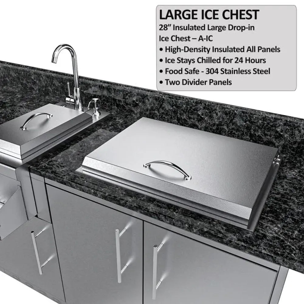 Sunstone SCPGALLEY10.8 Galley large insulated 28" drop-in ice chest with stainless lid set into black granite countertop.
