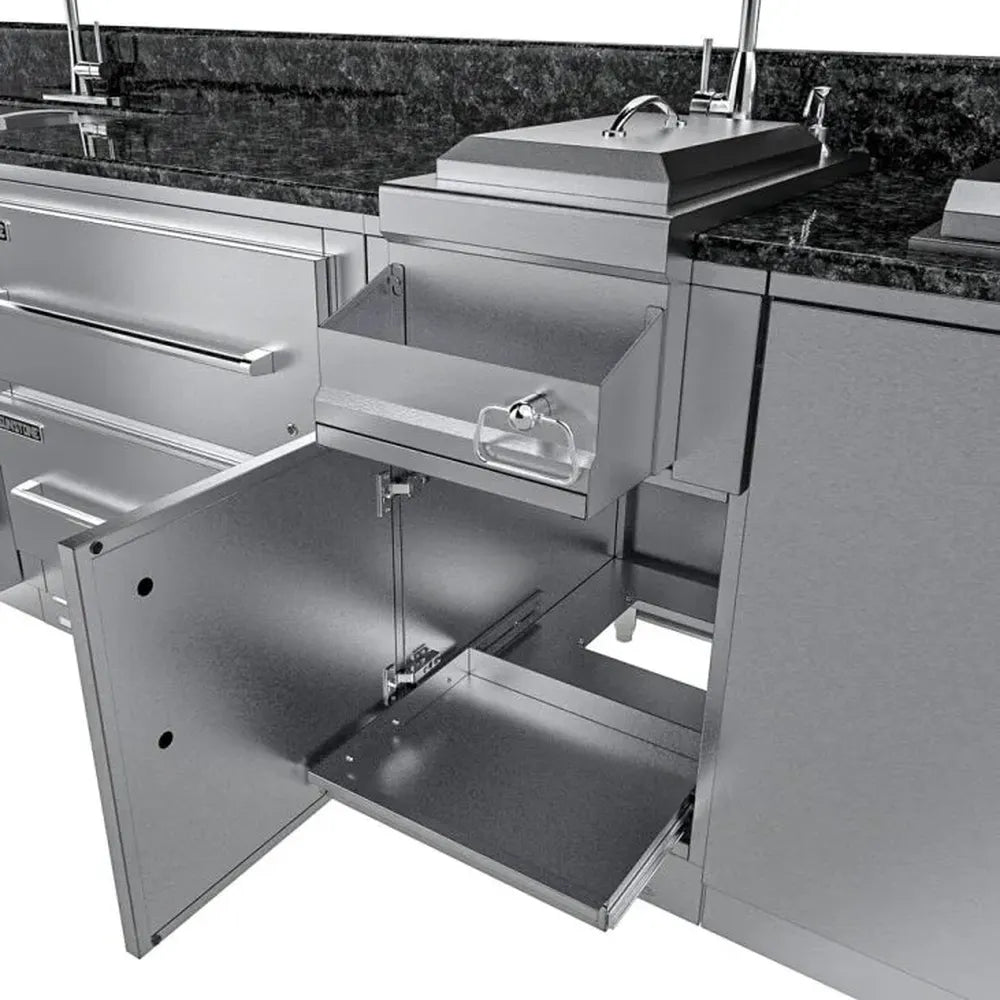 Sunstone SCPGALLEY10.8 Galley cocktail center cabinet open with pull-out tray and storage compartment under bar sink station.