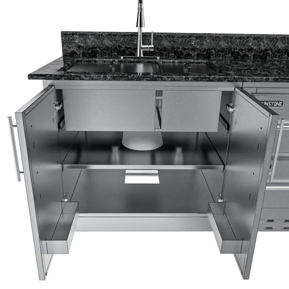 Sunstone SCPGALLEY10.8 Galley double sink base cabinet interior view with doors open, showing plumbing clearance under stainless sink.