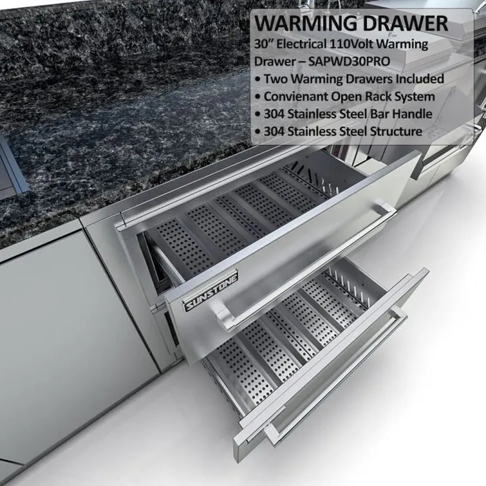 Sunstone SCPGALLEY10.8 Galley island double warming drawers open, showing stainless racks and 30-inch electric warming drawer compartment.