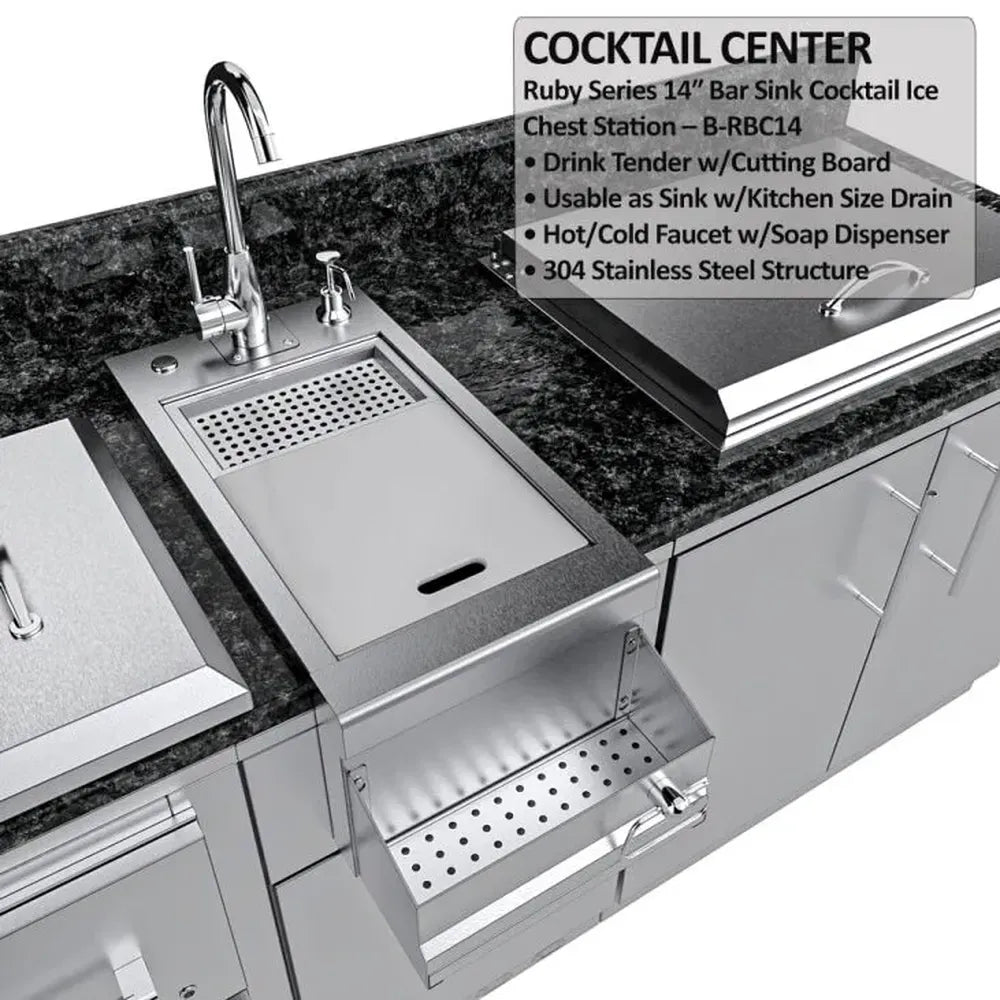 Sunstone SCPGALLEY10.8 Galley cocktail center with bar sink, drainboard/cutting board top, and ice chest lid in granite countertop.