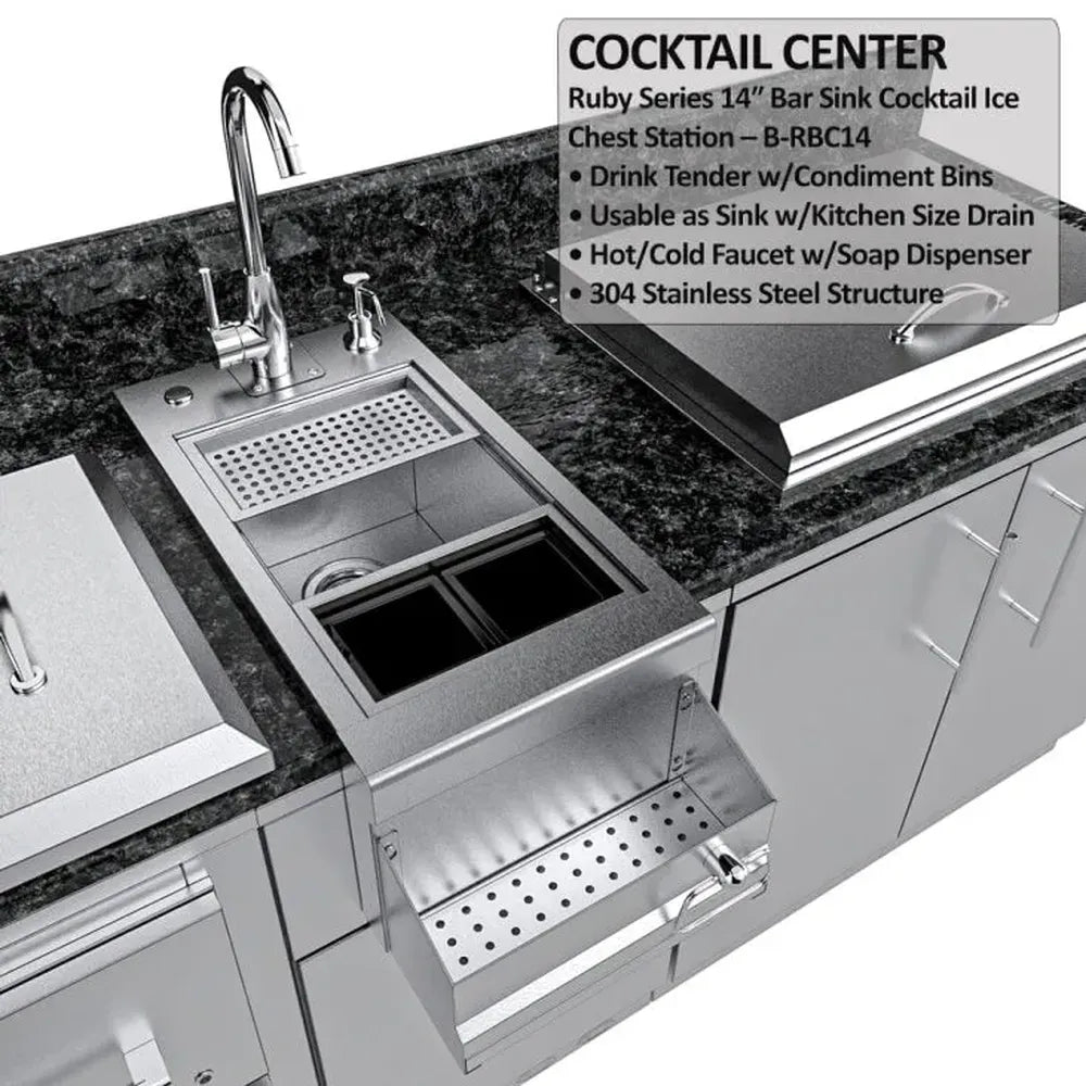 Sunstone SCPGALLEY10.8 Galley cocktail center with bar sink opened to reveal condiment bins and drink prep station.