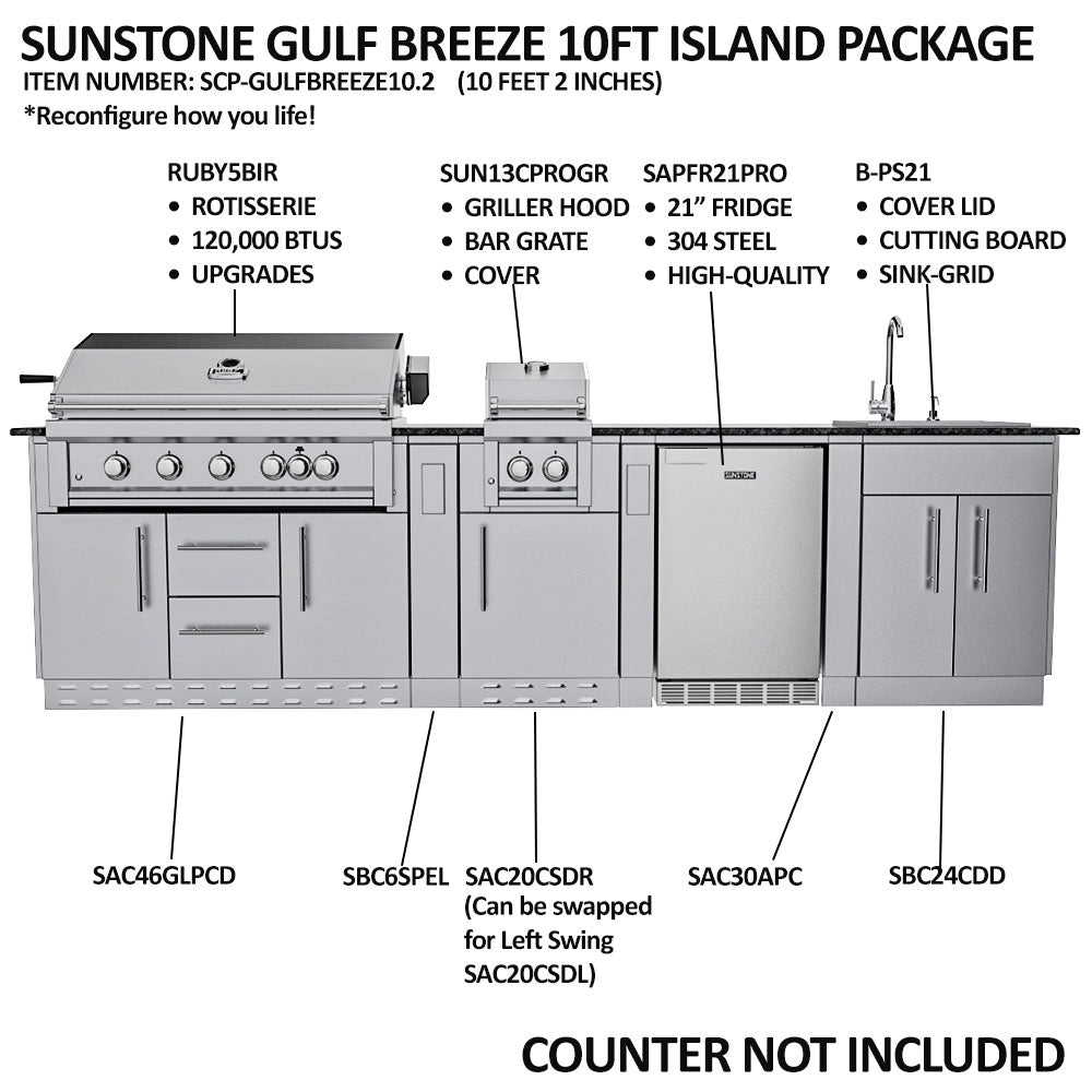 Sunstone Gulf Breeze 10.2 ft Island Package diagram with grill, side griller, outdoor fridge, sink, and cabinet components