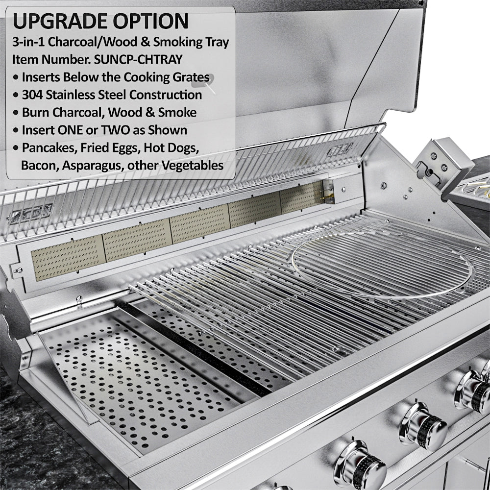 Sunstone Gulf Breeze Island Package upgrade with 3-in-1 charcoal and smoking tray below main grill cooking grates