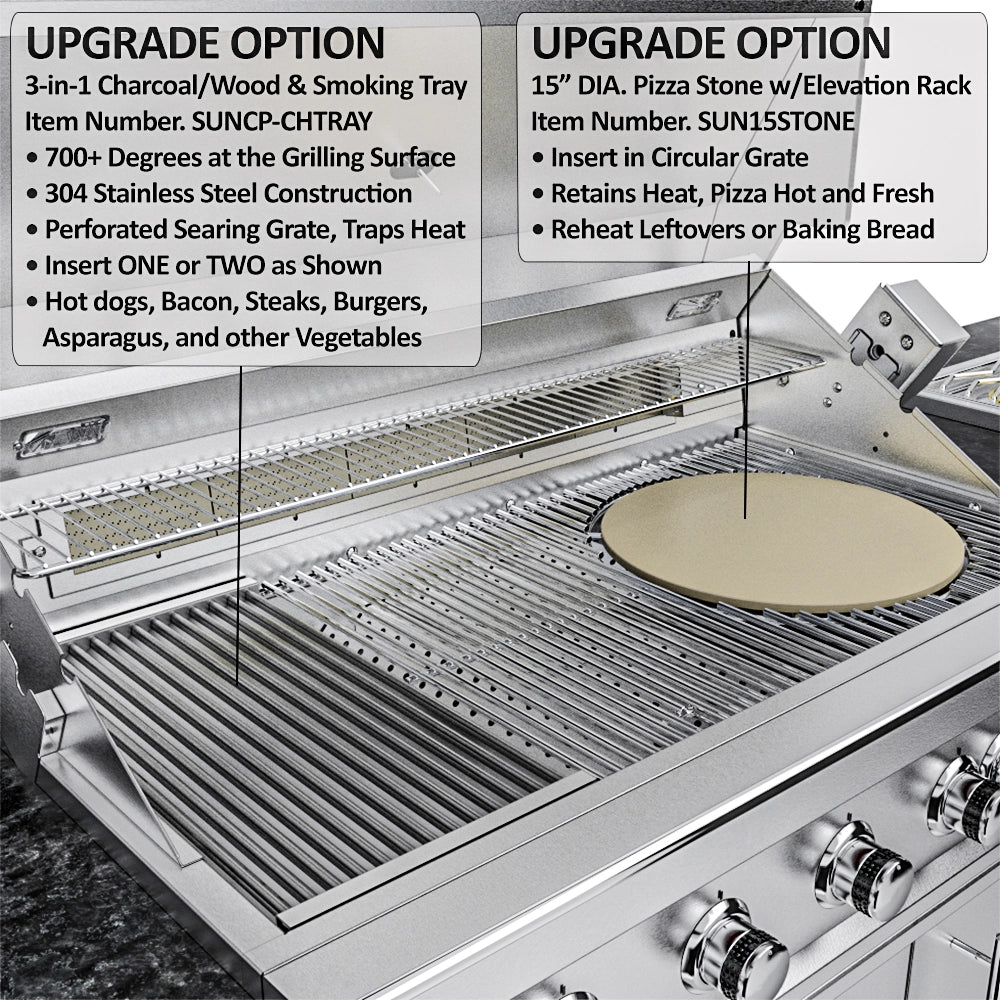 Sunstone Gulf Breeze Island Package with charcoal smoking tray and 15-inch pizza stone grill insert upgrade