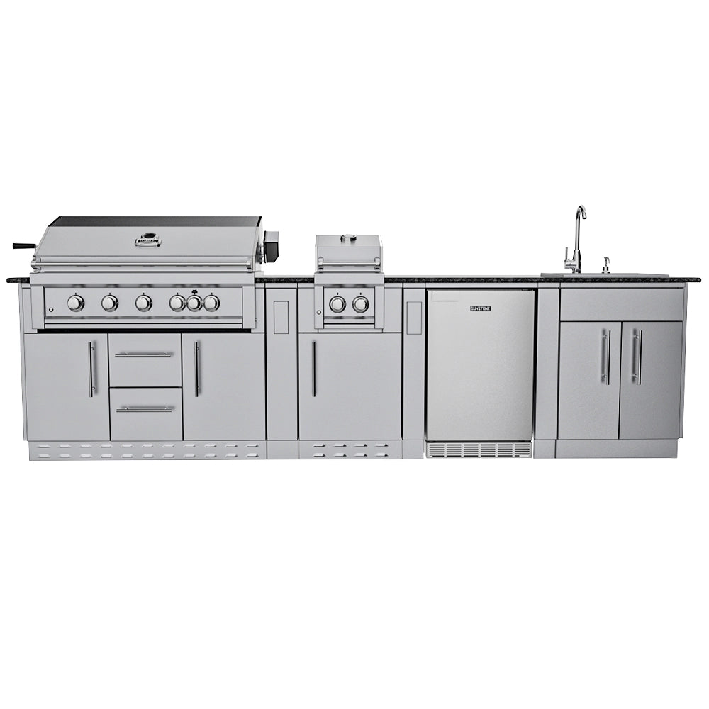 Sunstone Gulf Breeze Island Package full front view with main grill, side griller, outdoor fridge, sink, and storage
