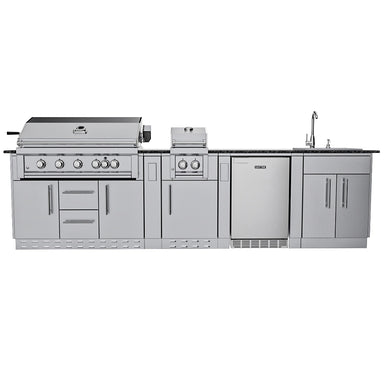 Sunstone Gulf Breeze Island Package full front view with main grill, side griller, outdoor fridge, sink, and storage