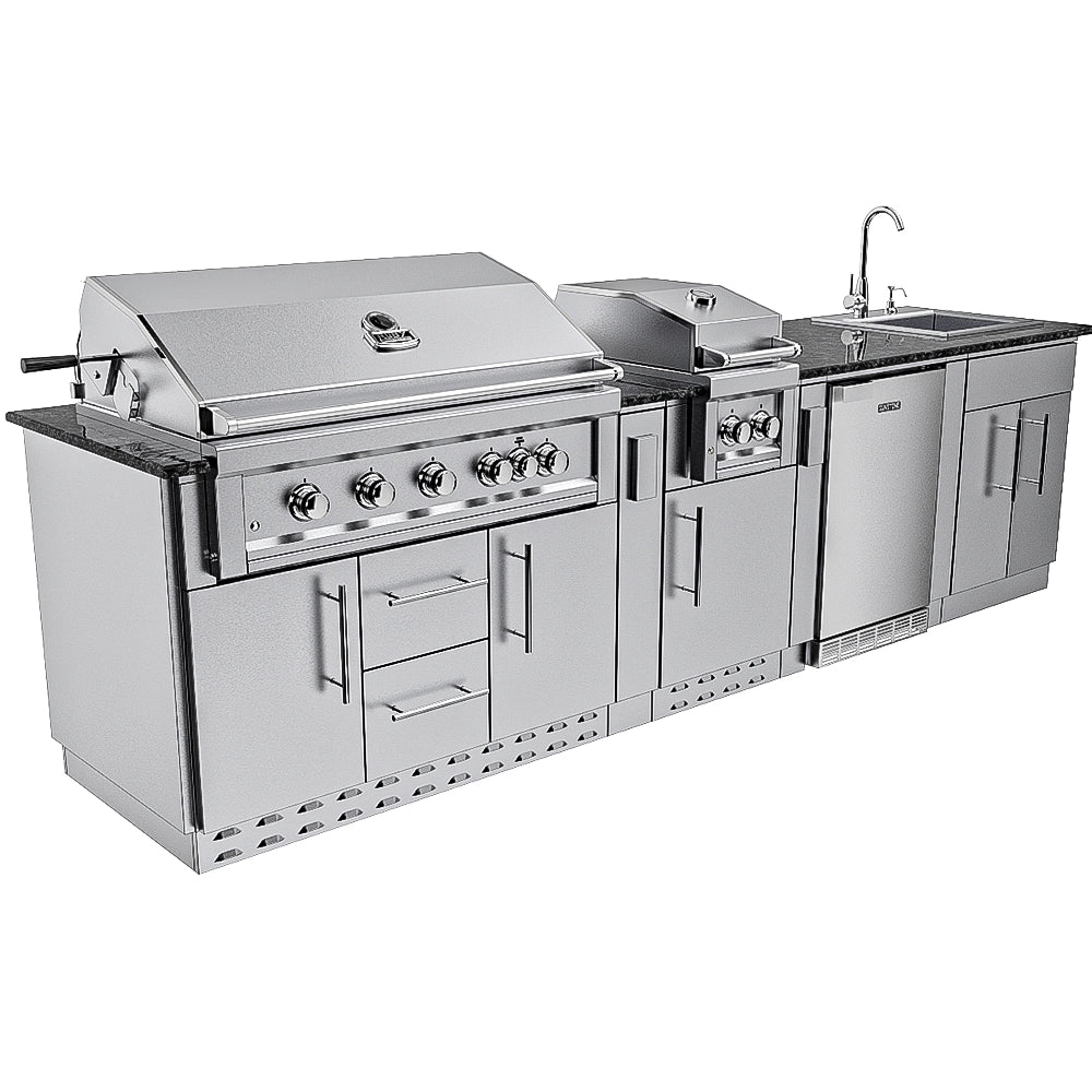Sunstone Gulf Breeze Island Package front angle with closed main grill, side griller, outdoor fridge, sink, and cabinets