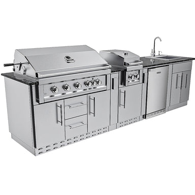 Sunstone Gulf Breeze Island Package front angle with closed main grill, side griller, outdoor fridge, sink, and cabinets