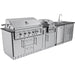 Sunstone Gulf Breeze Island Package front angle with closed main grill, side griller, outdoor fridge, sink, and cabinets