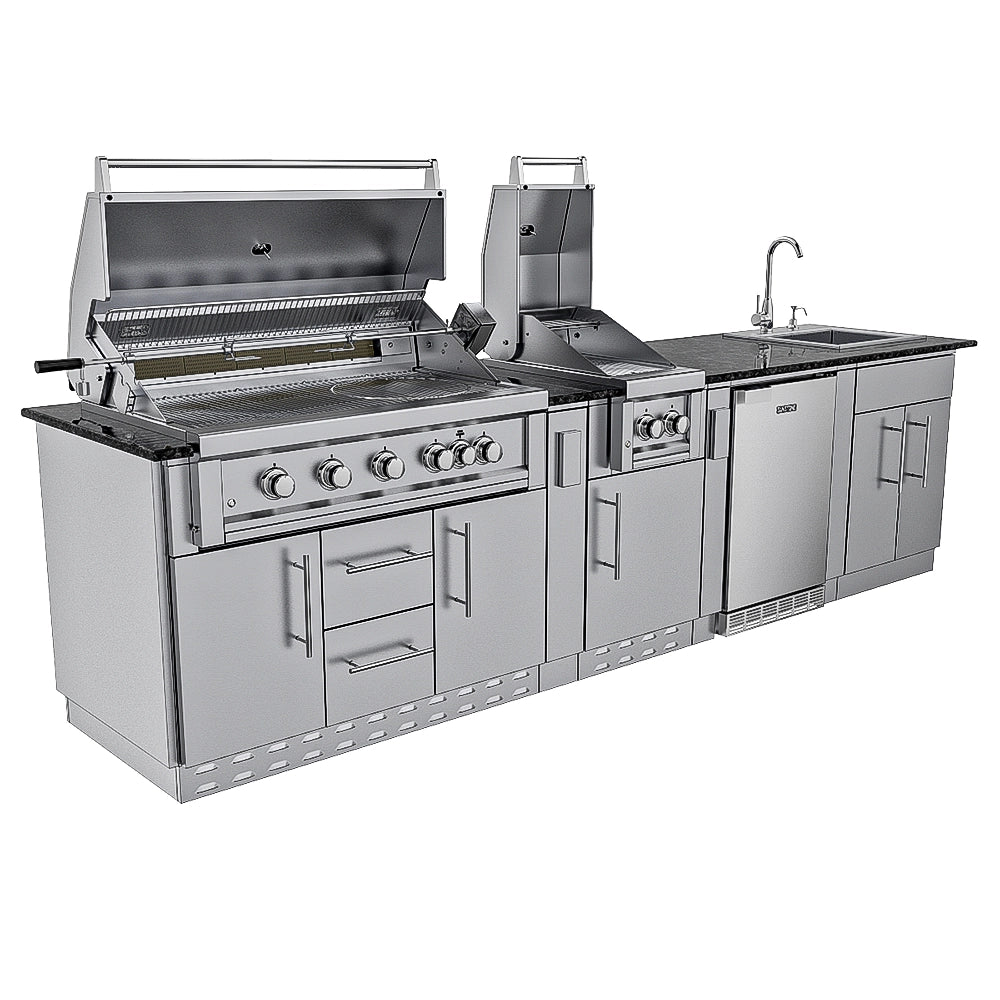 Sunstone Gulf Breeze Island Package front angle with open grill, side griller, outdoor fridge, sink, and storage cabinets