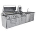 Sunstone Gulf Breeze Island Package front angle with open grill, side griller, outdoor fridge, sink, and storage cabinets