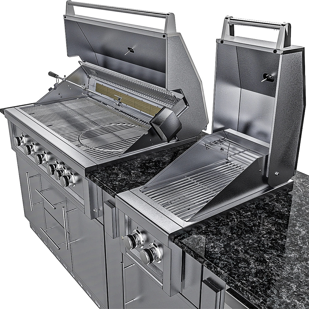 Sunstone Gulf Breeze Island Package with open main grill and companion side griller on stainless outdoor kitchen island