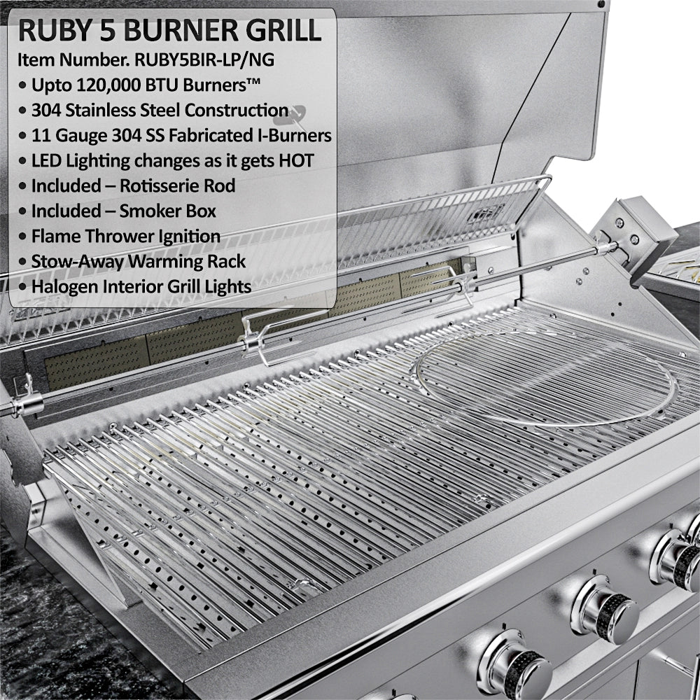 Sunstone Gulf Breeze Island Package Ruby 5 burner grill with rotisserie rod, smoker box, and stainless grates