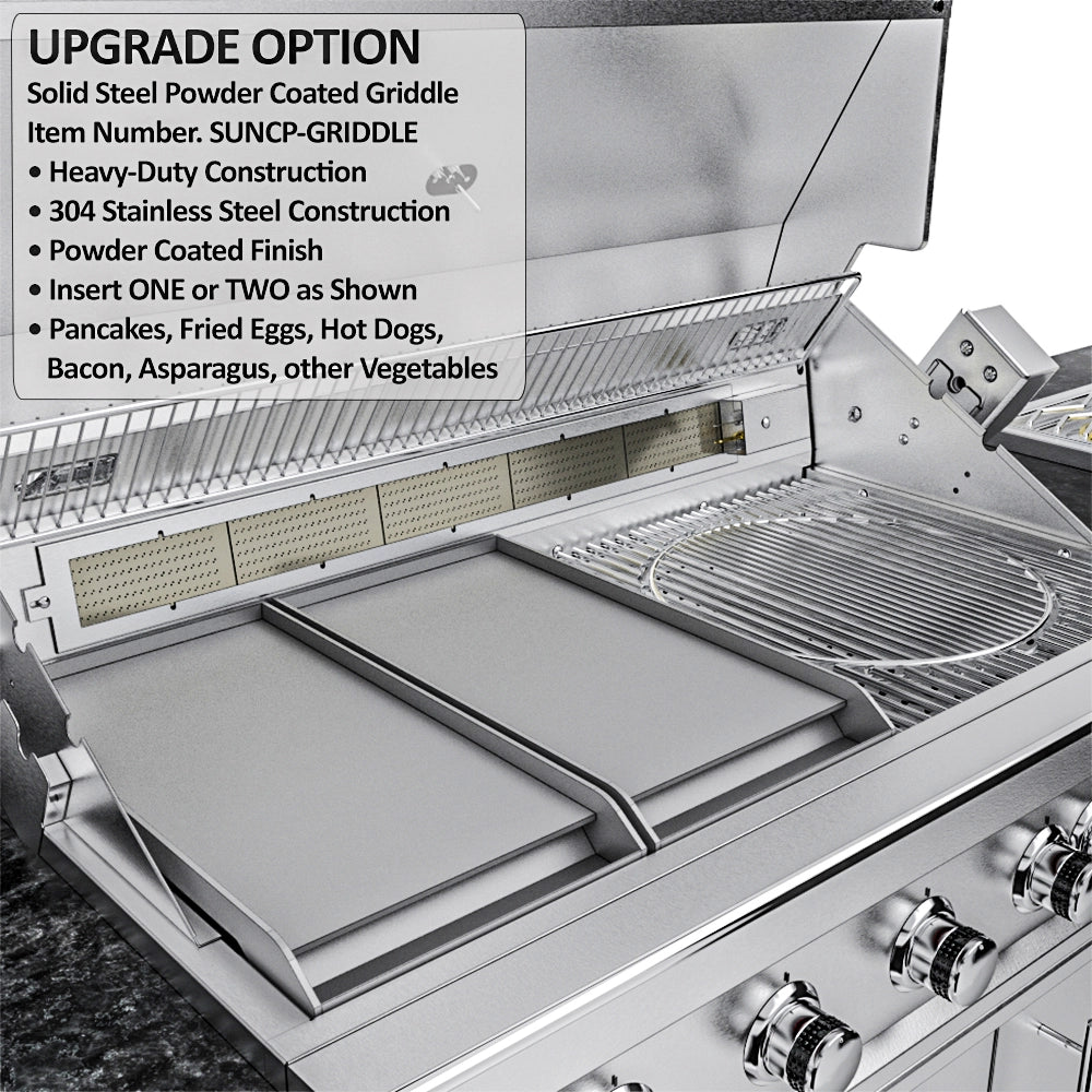 Sunstone Gulf Breeze Island Package upgrade with dual powder-coated griddle inserts on the main grill