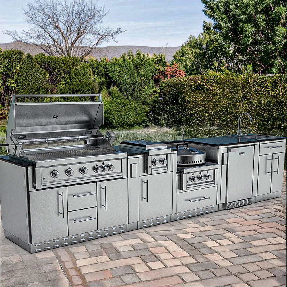 Realistic backyard setting for the Sunstone Hill Country 13.6 island featuring the Ruby grill with the hood open, demonstrating the rotisserie and cooking space.