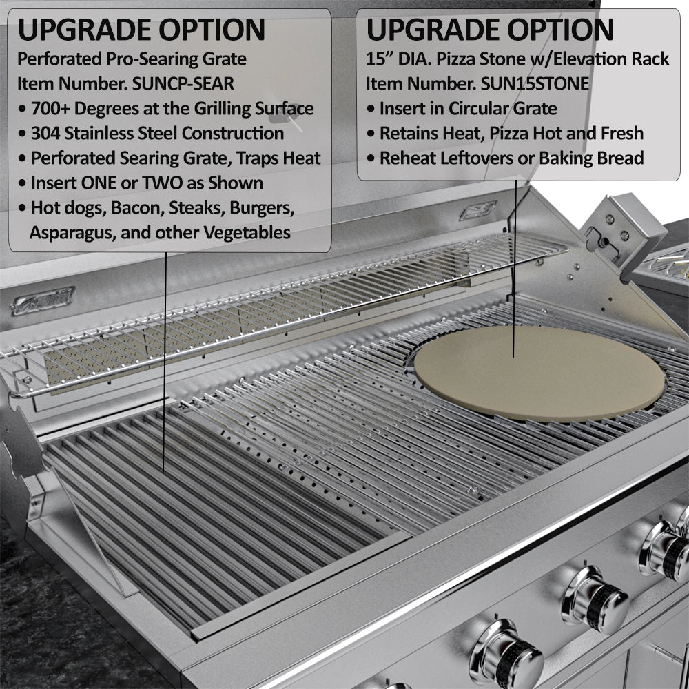 Sunstone grill upgrade options featuring a perforated pro-searing grate and a 15-inch pizza stone with elevation rack for versatile outdoor cooking.