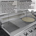 Sunstone grill upgrade options featuring a perforated pro-searing grate and a 15-inch pizza stone with elevation rack for versatile outdoor cooking.
