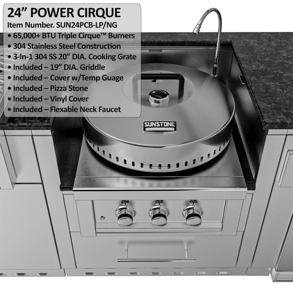 Sunstone 24-inch Power Cirque (SUN24PCB) 65,000 BTU triple burner system with a stainless steel cover and integrated flexible faucet.