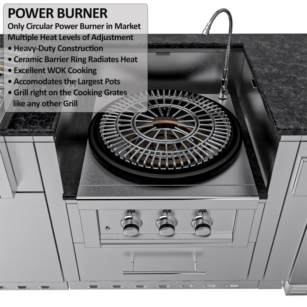 Top-down view of the Sunstone Power Burner showing the ceramic barrier ring, heavy-duty cooking grates, and flexible neck faucet.