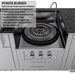 Top-down view of the Sunstone Power Burner showing the ceramic barrier ring, heavy-duty cooking grates, and flexible neck faucet.