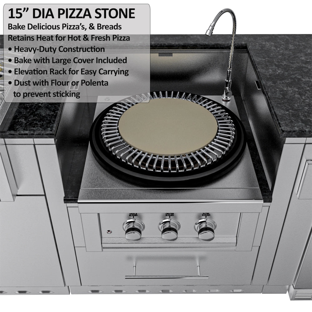 Sunstone 15-inch diameter pizza stone with elevation rack installed over a circular outdoor power burner for baking bread and pizza.
