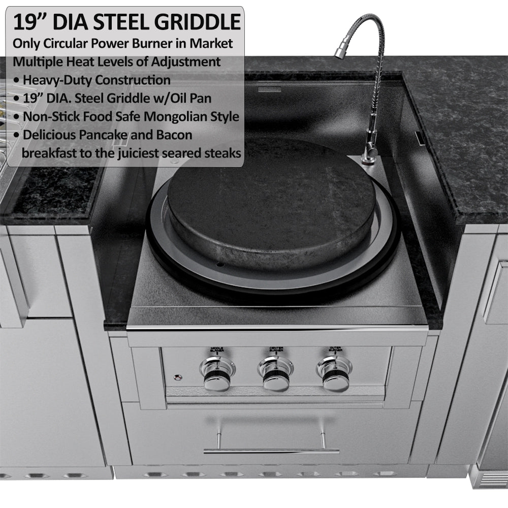 Sunstone 19-inch diameter circular steel griddle attachment with oil pan, designed for Mongolian-style outdoor cooking on a Power Cirque burner.