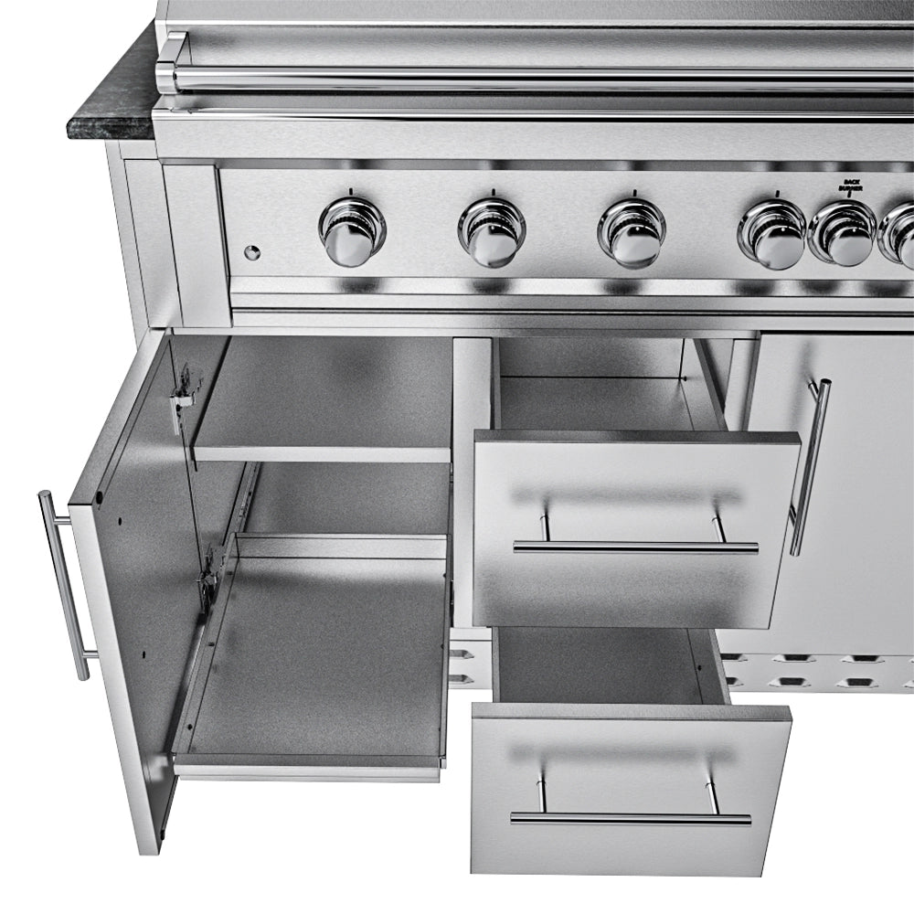 Sunstone stainless steel outdoor kitchen storage configuration featuring a combination of a pull-out tray, fixed shelf, and two storage drawers.