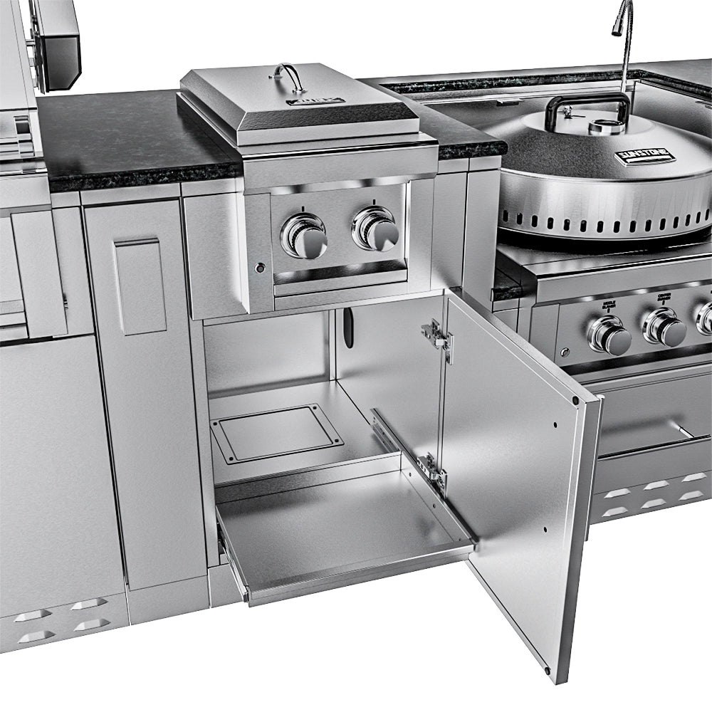 Sunstone outdoor kitchen side burner module featuring an open cabinet door with a pull-out storage tray and a built-in GFCI power outlet.