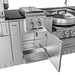 Sunstone outdoor kitchen side burner module featuring an open cabinet door with a pull-out storage tray and a built-in GFCI power outlet.