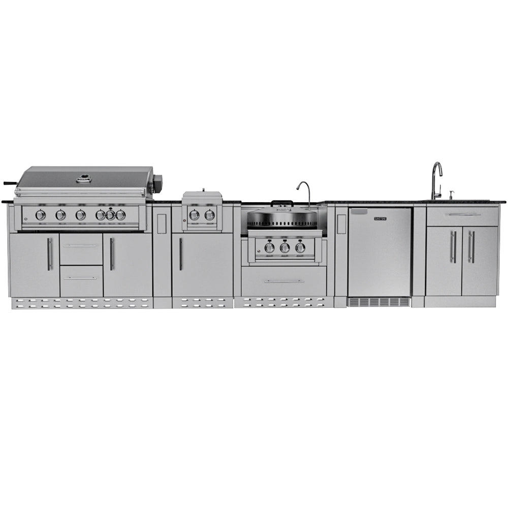 Straight-on front view of the Sunstone SCP-HILLCOUNTRY-13.6 island package showing the full 13.6-foot length including the grill, griddle, and outdoor sink module.
