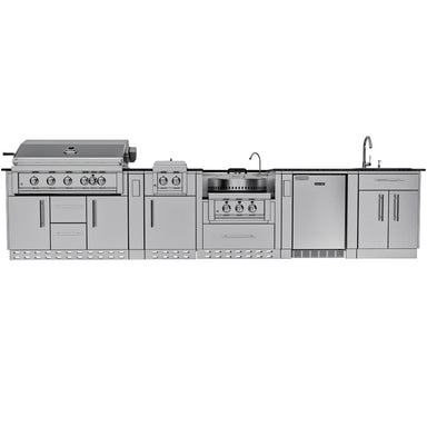 Straight-on front view of the Sunstone SCP-HILLCOUNTRY-13.6 island package showing the full 13.6-foot length including the grill, griddle, and outdoor sink module.