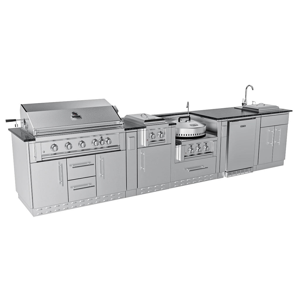 Three-quarter perspective view of the Sunstone Hill Country 13 foot 6 inch modular outdoor kitchen featuring 304 stainless steel cabinets and a built-in refrigerator.