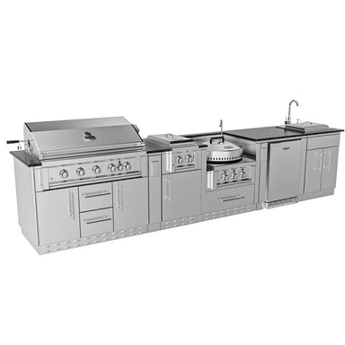 Three-quarter perspective view of the Sunstone Hill Country 13 foot 6 inch modular outdoor kitchen featuring 304 stainless steel cabinets and a built-in refrigerator.