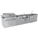 Three-quarter perspective view of the Sunstone Hill Country 13 foot 6 inch modular outdoor kitchen featuring 304 stainless steel cabinets and a built-in refrigerator.