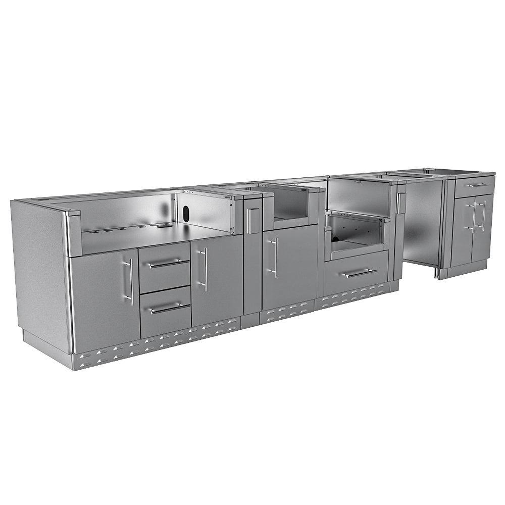 Fully assembled Sunstone SCP-HILLCOUNTRY-13.6 stainless steel outdoor kitchen island frame without countertop or appliances.