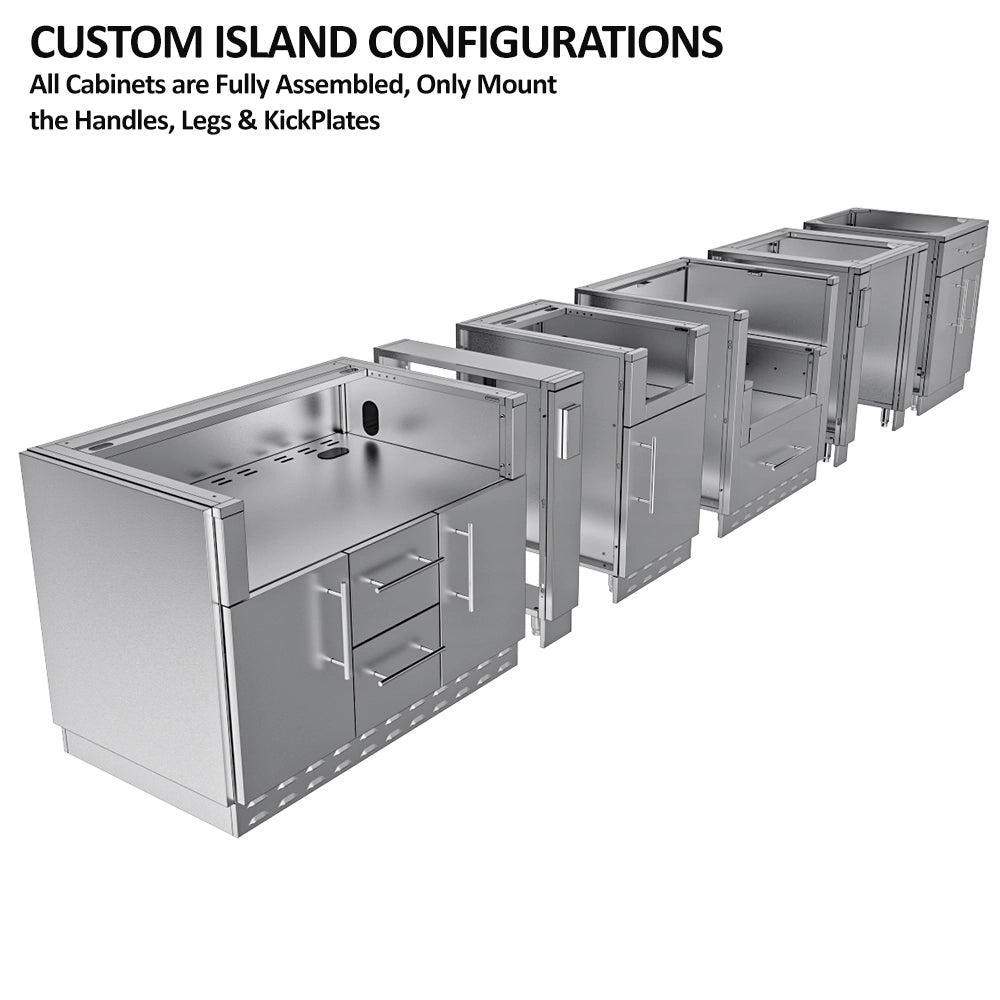 Exploded view of the Sunstone Hill Country 13.6 modular cabinet components including grill base, sink cabinet, and refrigerator spacer.