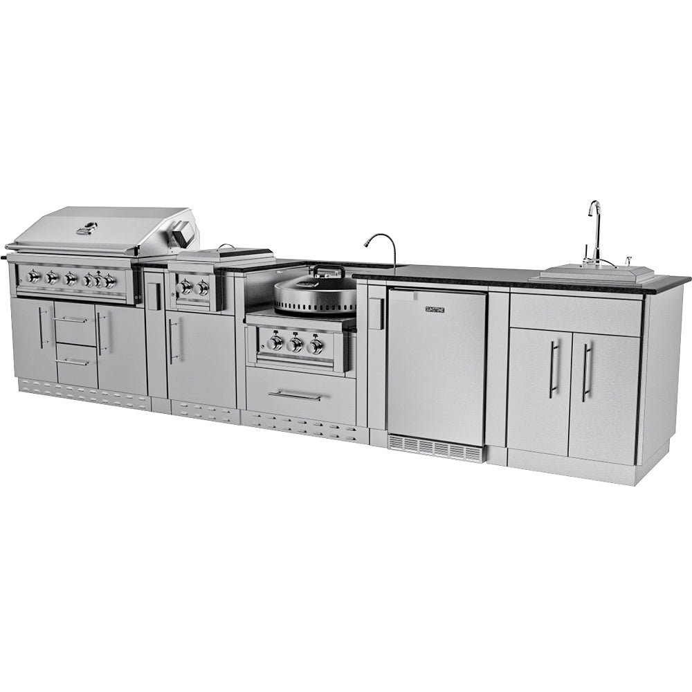 Full 13.6-foot Sunstone Hill Country outdoor kitchen island featuring grill, side burners, fridge, and sink station.