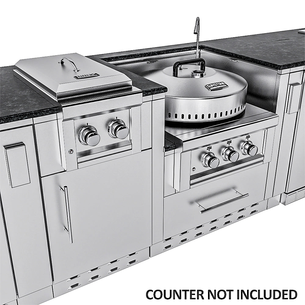Sunstone power circular burner with lid and double side burner integrated into a professional stainless steel outdoor island.