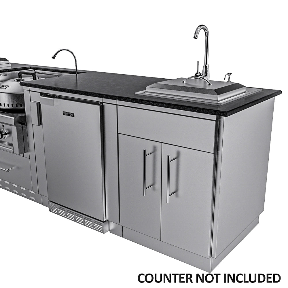 Close-up of the Sunstone outdoor kitchen sink station and 21-inch stainless steel refrigerator unit with 304 steel construction.