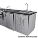 Close-up of the Sunstone outdoor kitchen sink station and 21-inch stainless steel refrigerator unit with 304 steel construction.